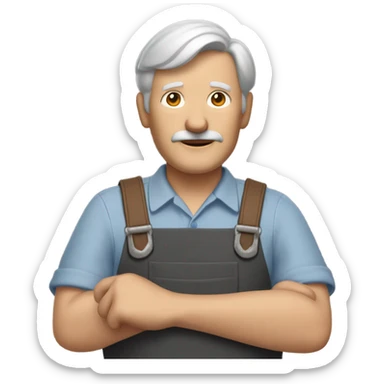 "A older man with rough hands, short light brown hair, and a friendly, naive expression. He wears a work apron over simple clothes and holds a hammer or wood in a rustic workshop." sticker