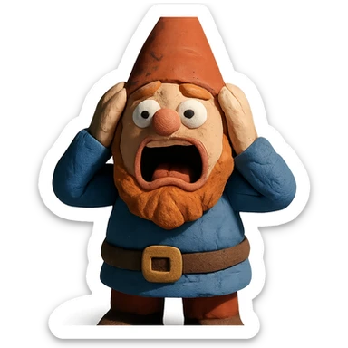 claymation style gnome holding his head and screaming sticker