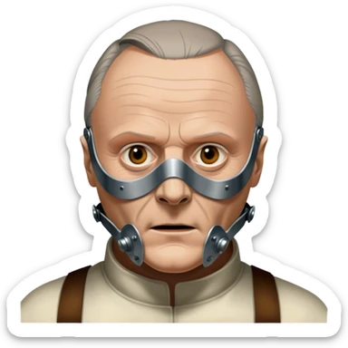 Icon for Hannibal Lecter (Anthony Hopkins): A chilling design with a close-up of Hannibal's face wearing the iconic muzzle mask. Dark, ominous background with sharp lighting to emphasize his intense gaze. A sinister, psychological thriller atmosphere. Transparent background. sticker