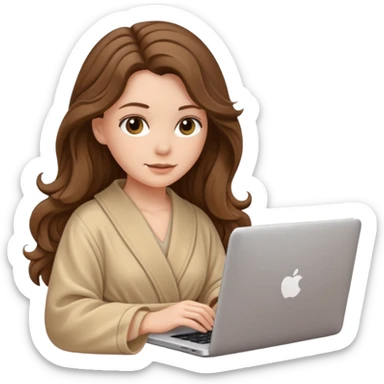 make a picture in ios 18 style of a white girl with brown long wavy hair wearing beige robe and working on a laptop sticker