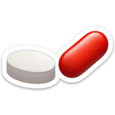 small red pill laying next to a small red pill sticker