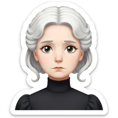 A Victorian woman with simple coiffed white hair and light eyes wearing a simple monochrome black turtleneck mourning dress with puffed sleeves looking down with a forlorn, miserable expression sticker