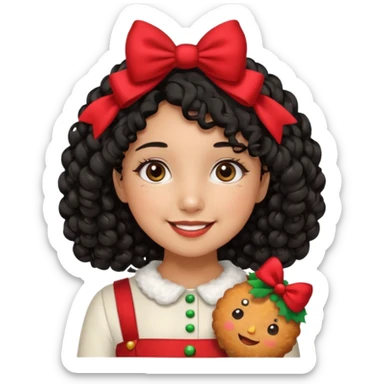 cute girl tan skin, curly black hair chin length, middle part, long eyelashes, cute cheeks, 5'2, outfit croquette style with bows and christmas theme, smiling,  no bangs sticker