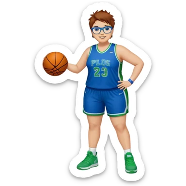 Full Body plus size white female basketball player with short medium brown hair with carmel highlights spikey hair wearing blue glasses 
 wide nose wearing blue green uniform  green sneakers smiling  sticker
