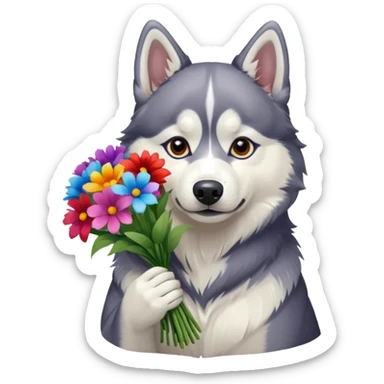 siberian husky dog holding flowers sticker