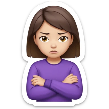 Angry Pouty girl with small asian eyes folding arms in a purple longsleeve shirt she has fair skin and medium length brown hair with highlights sticker