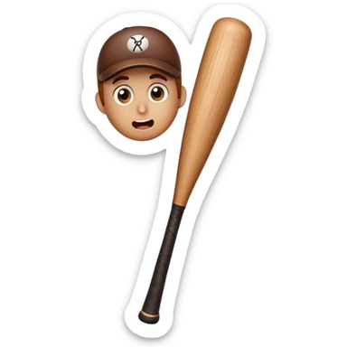 Brown wooden baseball bat character with a tiny surprised face sticker