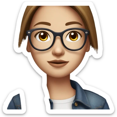 stylish girl in denim jeans, using a black short top. with a realistic nose, and long and brown straight hair. she has white skin, and big purple glasses. she is beautiful and nerd sticker