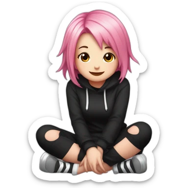 Full body Front view curvy emo girl pink hair sits on the floor straight view hands up black skirt белые трусики полосатые рваные чулки sticker