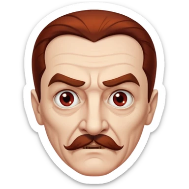 An elderly man with slicked-back reddish-brown hair, sharp brown eyes under heavy brows, and a white mustache, giving him a stern, Dracula-like appearance.  sticker