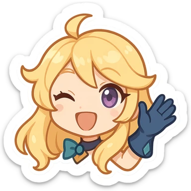 chibi style Gwen from League of Legends, only head, right eye purple, one hand waving with glove, big smile, energetic pose, yellow hair sticker