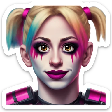 Synthwave Messi in Harley Quinn style, oil paint, mysterious eyes, intricate lips, masterpiece portrait, odd perspective, beautiful, desirable, logical sticker