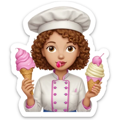 woman brown curly hair, chef, eating pink ice cream sticker