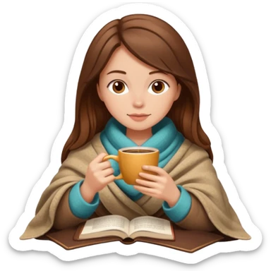 Beige Brown hair Girl drinking coffee, with a cozy blanket and book sticker