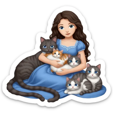 detailed realistic looking a dark grey and white cat regally laying with six other cats, cuddling with their owner in bed who is a pretty bratz lightly tanned white girl with long dark brown hair, blue eyes and gorgeous long wavy hair wearing a pretty detailed dress sticker