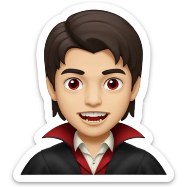 hispanic boy, medium length hair, vampire teeth sticker