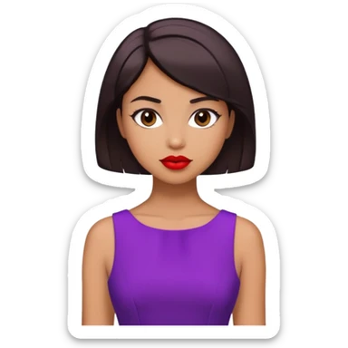 girl tan skin, dark brown short hair, dress purple, red lipstick sticker