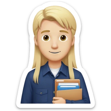 Guy with long straight blonde hair and navy button up holding a school packet sticker