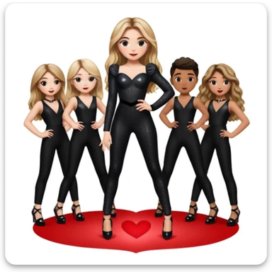 Sabrina carpenter singing at concert wearing a black sparkle jumpsuit and black hyper sparkle heels. She is standing in the center stage part that is in the shape of a red heart and it extends from the main stage, with a group of dancers surrounding her  sticker