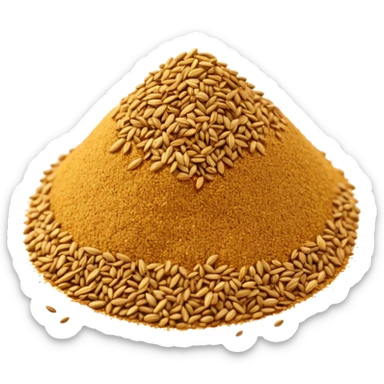 heap of cumin powder, fine texture, golden-brown color, uneven surface, some loose grains at the edge, dry and aromatic, no container or spoon, minimal 3D style sticker