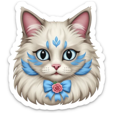 Neva masquerade cat, very fluffy, gray and white, with pale blue eyes and rose nose sticker