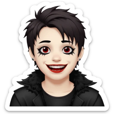 Laughing pale Goth boy with piercings, with shaggy dark brown hair, and messy black eyeliner , smudged, red, lipstick  sticker