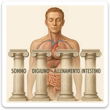5 pilastri con le scritte "SONNO", "DIGIUNO", "ALLENAMENTO", "INTESTINO", DAVANTI UN CORPO UMANO ANATOMICO CON OCCHI CHIUSI IN SALUTE, SFONDO CHIARO sticker