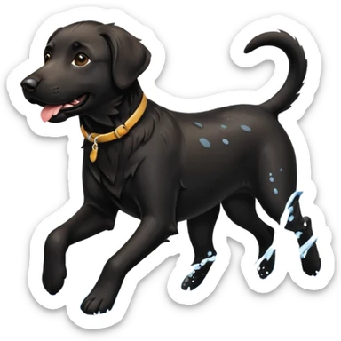 A black Labrador Retriever running through shallow water near a lake, splashing around happily. Natural lighting, motion shot, photorealistic style. sticker