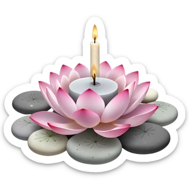A photorealistic icon featuring lotus flowers, burning incense sticks with smoke rising, smooth round sea stones, and multiple small round candles arranged in a calming, tranquil setting. Soft, peaceful colors with detailed textures that evoke mindfulness and inner peace. Transparent background sticker