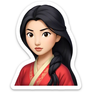 Cinematic Realistic Mulan Portrait, depicted with lifelike skin texture, soft natural lighting, and intricately detailed long black hair styled elegantly. Her deep, expressive eyes exude determination and grace, complemented by a serene yet confident expression. She is dressed in her classic attire, with rich fabric textures and delicate folds that catch the light beautifully. The portrait features a soft, enchanting glow with a natural, radiant finish, capturing the essence of timeless strength and beauty in a realistic and painterly style, evoking a sense of depth and authenticity. sticker
