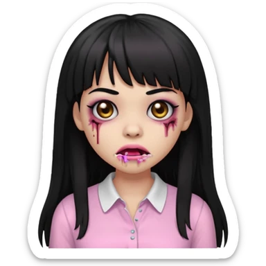light-skinned Black zombie girl emoji, black eyes, long black hair with bangs, light pink blouse, stitched mouth sticker