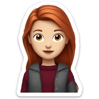 redhead girl with grey eyes with long hair and Dyson styling in a burgundy sweater and a rat on her shoulder sticker