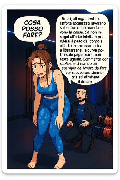 ispirati a questo stile di disegno e fai questa immagine in versione manga/webtoon a colori, il manga mostra la donna preoccupata che chiede: "COSA POSSO FARE?" E L'UOMO CHE RISPONDE: Busti, allungamenti o rinforzi localizzati lavorano sul sintomo ma non risolvono la causa. Se non insegni all’arto inibito a prendersi il peso del corpo e all’arto in sovraccarico a liberarsene, la curva potrà solo peggiorare; non resta uguale. Commenta con scoliosi e ti mando un esempio del lavoro da fare per recuperare simmetria ed eliminare il dolore. sticker