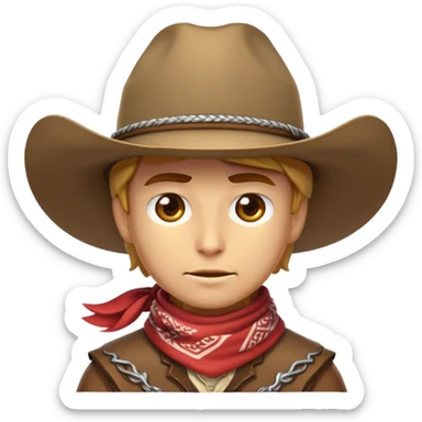 Clash of Clans aesthetic friendly Cowboy Portrait Emoji, With a rugged yet stylized build wearing a classic wide-brimmed hat and bandana, his face rendered in a natural skin tone (not yellow), determined eyes and a steely gaze, Simplified yet dynamic features, highly detailed, glowing with a warm, sunlit frontier radiance, high shine, brave and spirited, stylized with an air of Wild West heroism, focused and ready, soft glowing outline, capturing the essence of a fearless cowboy adventurer ready to ride into epic quests! sticker