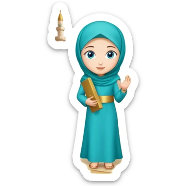 Turkish beautiful finish Konya girl blue eyes with gold hijab and islamic long tailed turquoise dress on the ground at her home garden and had on her hand text Eid Mubarak  sticker