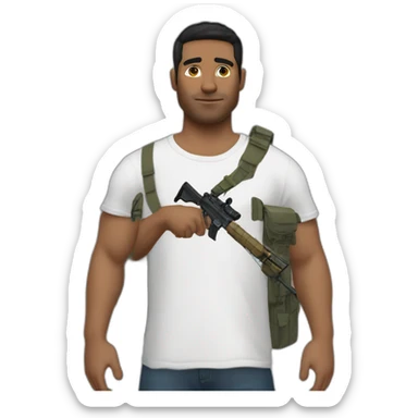 man with trasher t-shirt and hair curtains and with fn scar carabine sticker