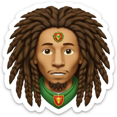 melancholic  Bob Marley with gigantic dread locks in form heraldic crest with ethiopian lion sticker