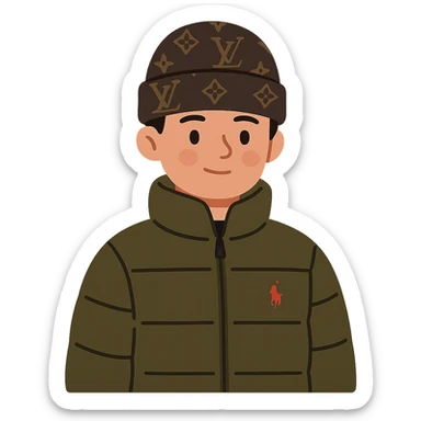 flat toon style young person wearing a Louis Vuitton beanie and a Ralph Lauren Gorham jacket sticker