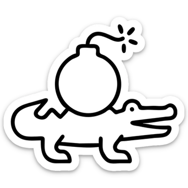 A minimalist crocodile with a bomb on its back, black and white, simple lines sticker