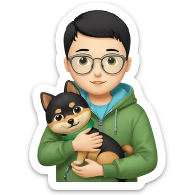 A yellow skin boy, black hair, buzzcut hairstyle, wearing tortoiseshell eyeglasses, green hoodie with zippers, light blue shirt inside, black trousers, black belt, hugging a very cute little black shiba inu sticker