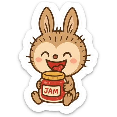 Labubu character eating jam, happy expression, holding a jar of jam, cute cartoon style sticker