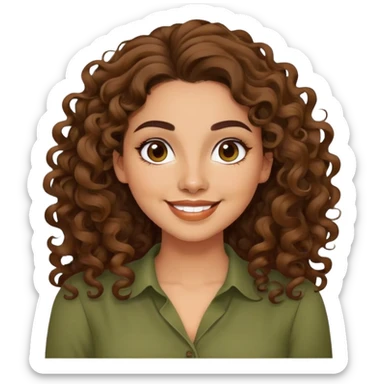 Mujer latina piel canela, cara redonda, cejas definidas, pelo muy largo rizado, peinado hacia atrás con bucles sueltos al frente. Sonrisa amplia, expresión alegre. Blusa verde olivo sticker