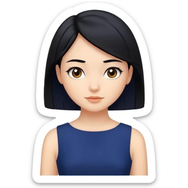 A girl with black hair, dark brown eyes, a beautiful face, short, straight hair to the shoulders, and a navy blue dress. sticker