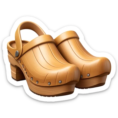 Cinematic Realistic Wooden Clogs Emoji, depicting the classic handcrafted footwear with a smooth, curved design and sturdy wooden soles, rendered with rich textures and warm, natural lighting. sticker