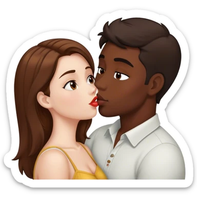 A brown-haired girl with fair skin and a dark-haired guy with dark skin are kissing sticker