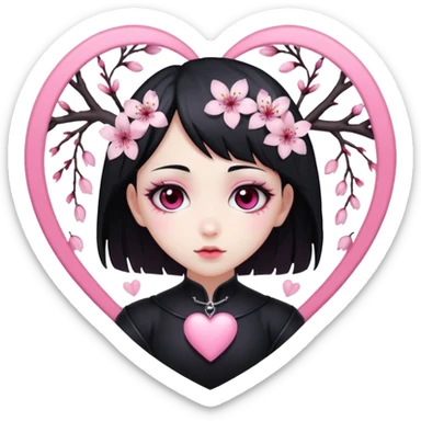 goth sakura heart, white heart with pink cherry blossom petals, cute and dramatic sticker