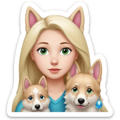 White European young woman with blue-green eyes and long blond hair with her white German Shepherd dog,the Dog hast a pink nose and short fur  ans Brown eyes sticker
