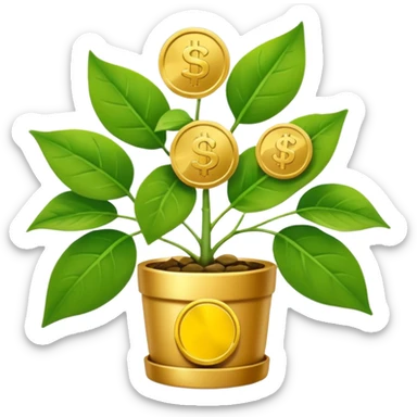 medium-sized money plant with several leaves shaped like coins or bills, showing early growth from compounding, clear modern emoji style sticker