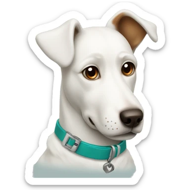 White dog with teal collar and brown spot around one eye  sticker