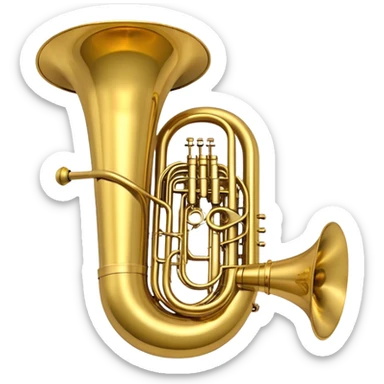 Create a large and bold emoji representing a tuba. The design should feature the tuba’s iconic, large, curved brass body, with its wide bell and tubing wrapping around. Highlight the visible valves and their metal buttons, showcasing the characteristic structure of the instrument. The brass finish should be shiny, with golden tones and subtle reflective light effects to highlight its polished surface. Add soft musical notes or soundwaves emanating from the bell to evoke the deep, resonant sound of the tuba. The background should be transparent. sticker
